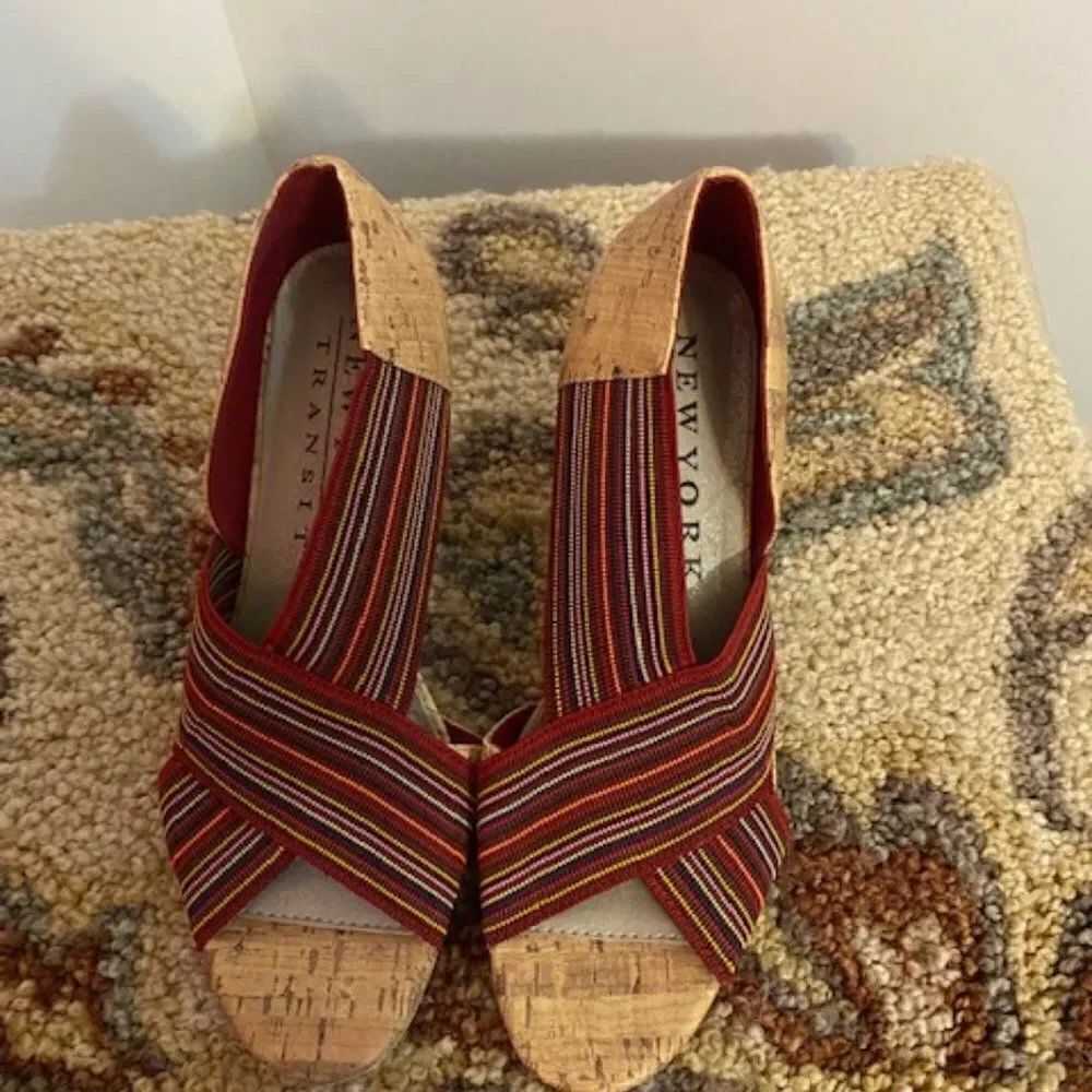 New York Transit cork look heels with multi-color elastic straps, size 10M